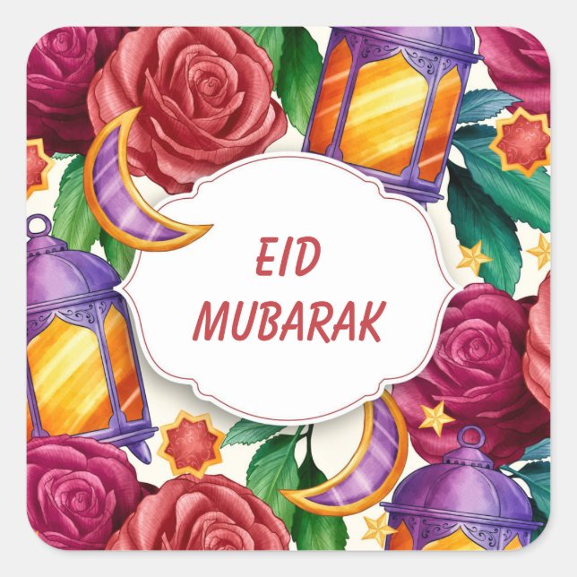 Eid Mubarak Watercolor Floral Quadratischer Aufkleber (Vorderseite)