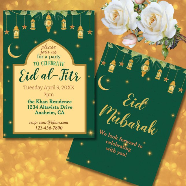 Eid Party Einladung Elegante grüne goldene Lantern (This elegant Eid invitation in rich green + gold features lanterns, a crescent moon + script font.)