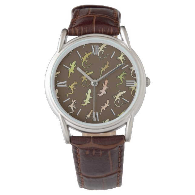 Eidechsen und Geckos, auf kaffebräunlich Armbanduhr (Vorderseite)