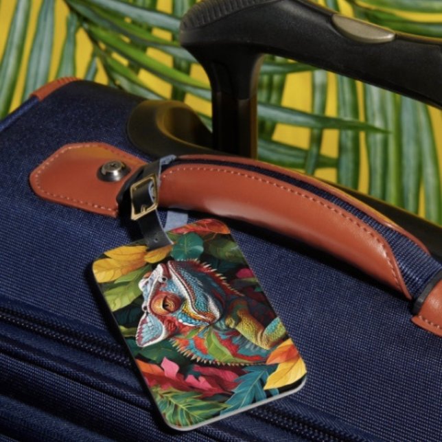 Eidechsenblätter & Farbe Gepäckanhänger (Colourful Lizard Tropical Jungle Art  single-sided w Card Slot, weatherproof, leather strap included)