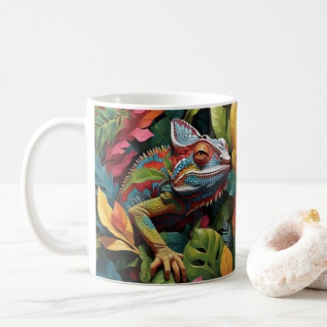 Eidechsenblätter & Farbe  Kaffeetasse (Colourful Lizard Tropical Jungle Art mug available in 11 oz & 15 oz. Microwave and dishwasher safe. )