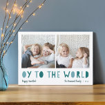 Eier für die Welt | 2 Foto Hanukkah Feiertagskarte<br><div class="desc">Whimsical Hanukkah Foto-Karte verfügt über zwei Ihrer Lieblings-Fotos in einem quadratischen Format nebeneinander ausgerichtet. "Oy to the World" erscheint unterhalb in blau und grün ausgeschnittenen Schriftzeichen. Personalisieren Sie Ihren Familiennamen oder Namen, Ihre persönliche Begrüßung und das Jahr am unteren Ende. Eine lustige und moderne Hanukkah-Karte, die Ihren Urlaubsmailings eine leichte...</div>