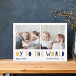 Eier für die Welt | 2 Foto Hanukkah Feiertagskarte<br><div class="desc">Whimsical Hanukkah Foto-Karte verfügt über zwei Ihrer Lieblings-Fotos in einem quadratischen Format nebeneinander ausgerichtet. "Oy to the World" erscheint unterhalb in blau und goldgelb ausgeschnittenen Buchstaben. Personalisieren Sie Ihren Familiennamen oder Namen, Ihre persönliche Begrüßung und das Jahr am unteren Ende. Eine lustige und moderne Hanukkah-Karte, die Ihren Urlaubsmailings eine leichte...</div>