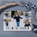 Eier für die Welt | Hanukkah Foto Collage Card Feiertagskarte<br><div class="desc">Die whimsical Hanukkah Fotokarte enthält fünf Ihrer beliebtesten Fotos in einer Collage-Layout "Oy to the World" erscheint unter blauen ausgeschnittenen Buchstaben. Personalisieren Sie Ihren Familiennamen oder Namen, Ihre persönliche Begrüßung und das Jahr am unteren Ende. Karten kehren zu einem Muster von weißem Schnee auf blauen Streifen um. Eine lustige und...</div>