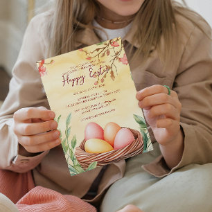 Eier in Vogelnest und blumengelb glückliche Ostern Einladung