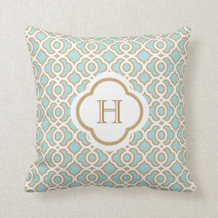 Eierschalen-Blau und Goldmarokkaner-Monogramm Kissen