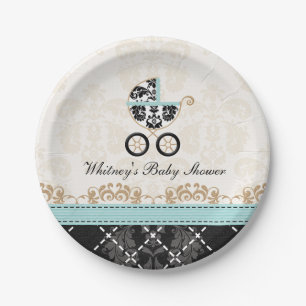 Eierschalen-blaue Damast-Wagen-Babyparty Pappteller