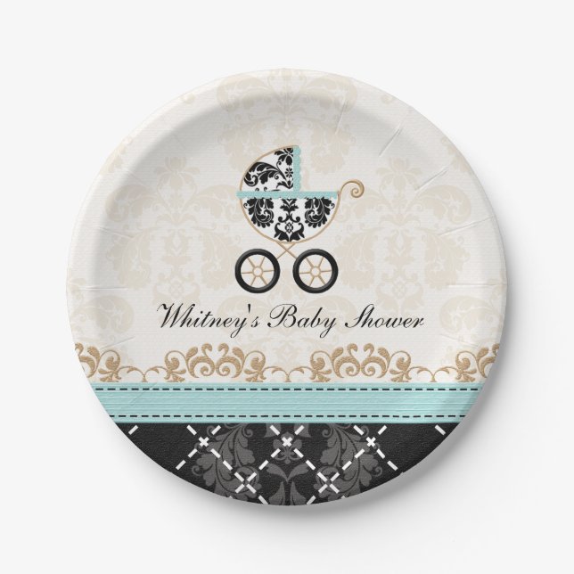Eierschalen-blaue Damast-Wagen-Babyparty Pappteller (Vorderseite)