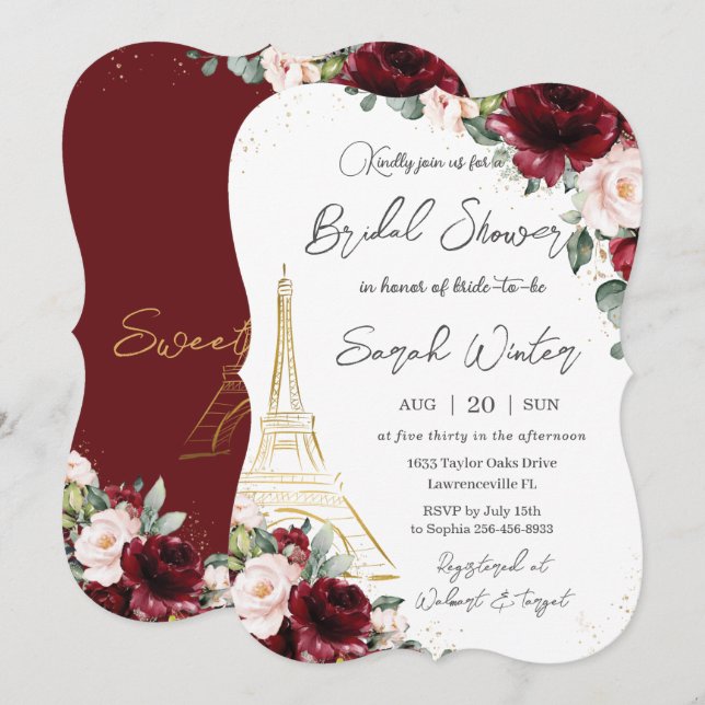 Eiffel Paris Brautparty Burgundy Blush Floral Einladung (Vorne/Hinten)