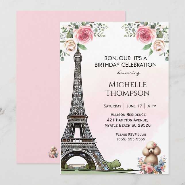 Eiffel Tower Birthday Paris France Floral Einladung (Vorne/Hinten)