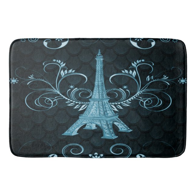 Eiffel Tower Blue Floral Wirbel Bath Mat Badematte (Vorderseite)