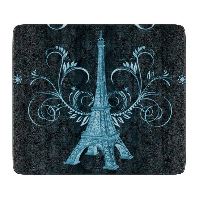 Eiffel Tower Blue Floral Wirbel Schneidebrett (Vorderseite)