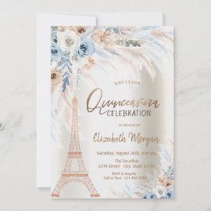 Eiffel Tower Blue Rose Pampas Grass Quinceanera Einladung