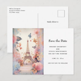 Eiffel Tower Butterflies and Flowers Ankündigungspostkarte