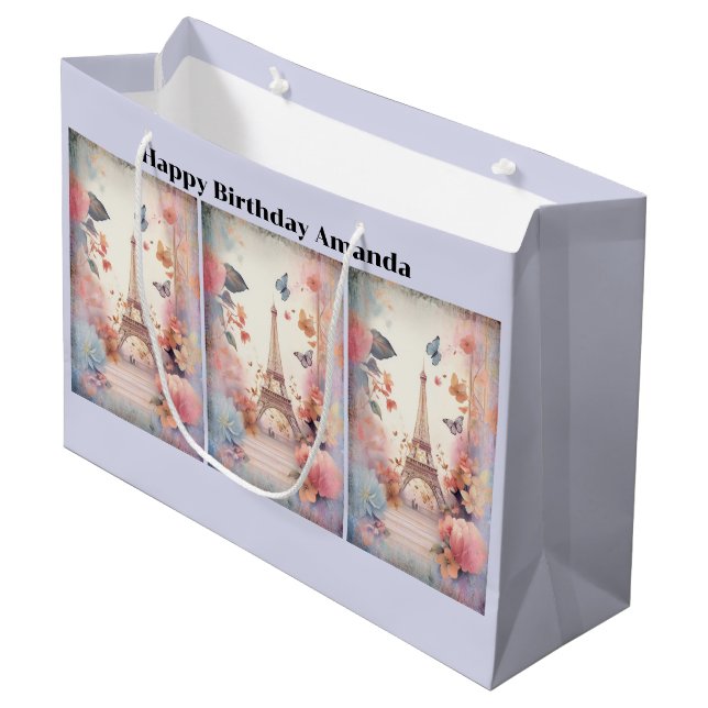 Eiffel Tower Butterflies and Flowers Birthday Große Geschenktüte (Vorderseite Schrägansicht)
