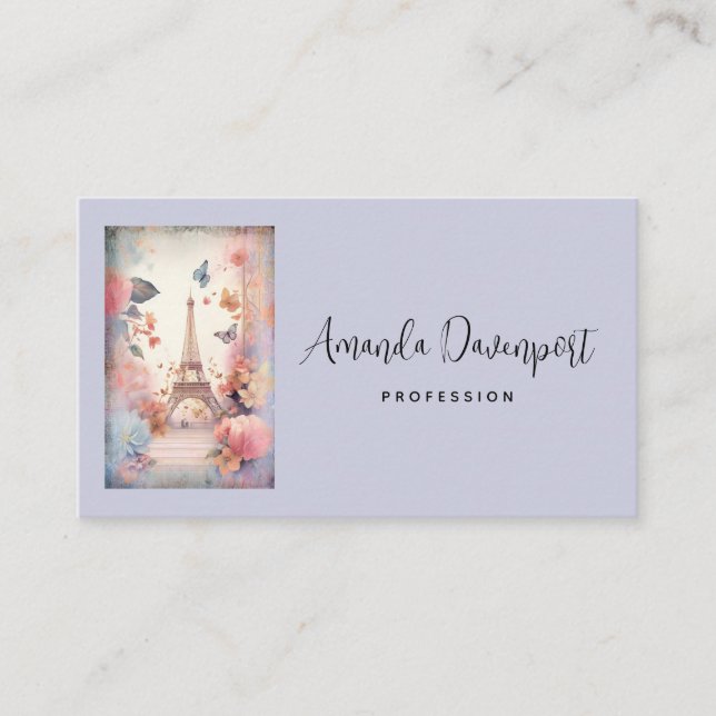 Eiffel Tower Butterflies and Flowers Business Card Visitenkarte (Vorderseite)