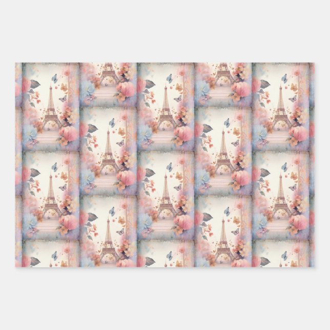 Eiffel Tower Butterflies and Flowers Pattern Geschenkpapier Set (Vorderseite 3)