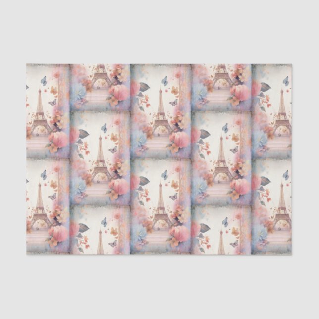Eiffel Tower Butterflies and Flowers Pattern Seidenpapier (Vorderseite)