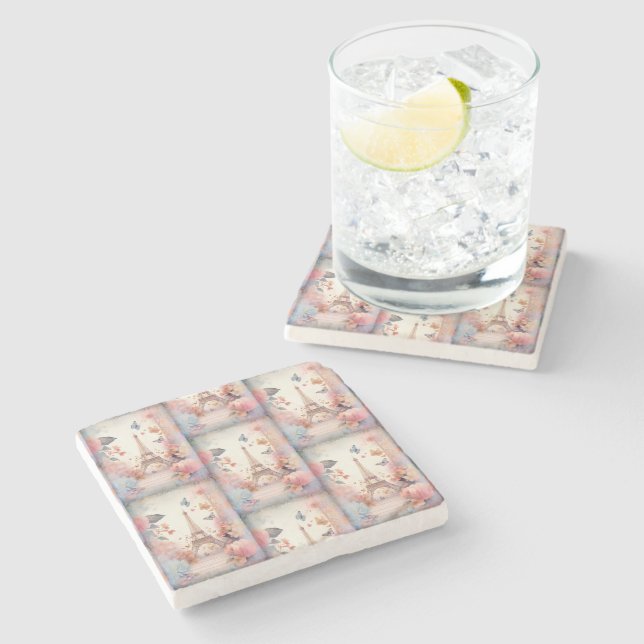 Eiffel Tower Butterflies and Flowers Pattern Steinuntersetzer (Seitenansicht)