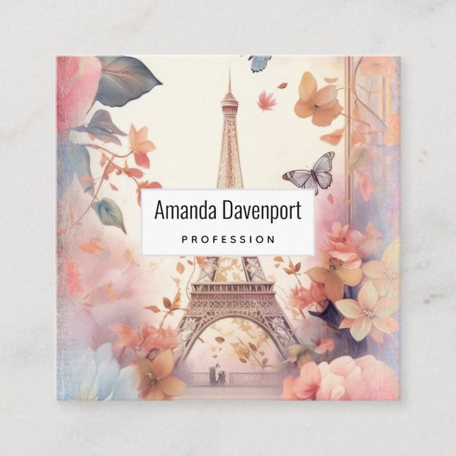 Eiffel Tower Butterflies and Flowers Quadratische Visitenkarte (Vorderseite)