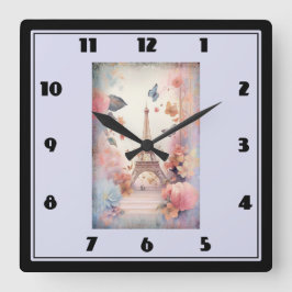 Eiffel Tower Butterflies and Flowers Quadratische Wanduhr
