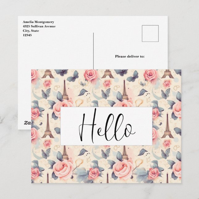Eiffel Tower Butterfly und Rose Muster Hallo Postkarte (Vorne/Hinten)