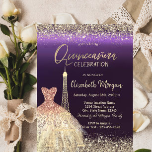 Eiffel Tower Confetti Dress Lila Quinceanera Einladung