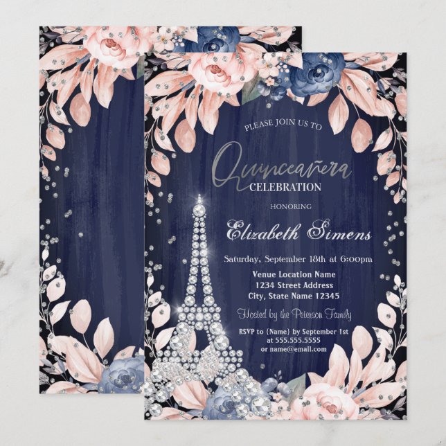 Eiffel Tower Diamonds Navy Blue Rose Quinceanera Einladung (Vorne/Hinten)