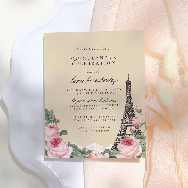 Eiffel Tower Floral Paris Themed Quinceañera Einladungspostkarte (Von Creator hochgeladen)