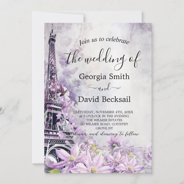 Eiffel Tower Lavender Romance QR Code Wedding Einladung (Vorderseite)