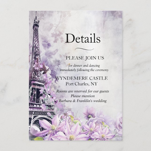 Eiffel Tower Lavender Romance Wedding Begleitkarte (Vorderseite)