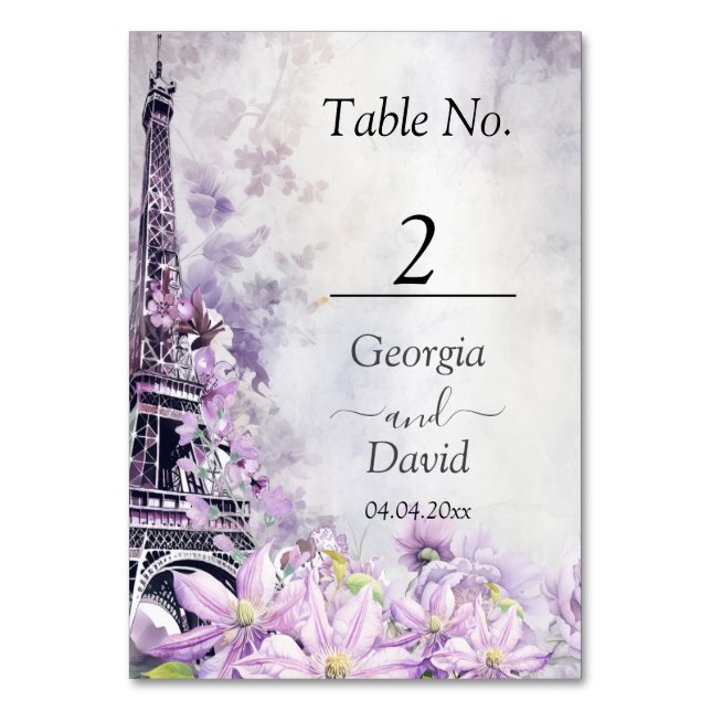 Eiffel Tower Lavender Romance Wedding Tischnummer (Vorderseite)