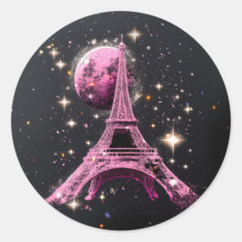 Eiffel Tower Night Moon Runder Aufkleber