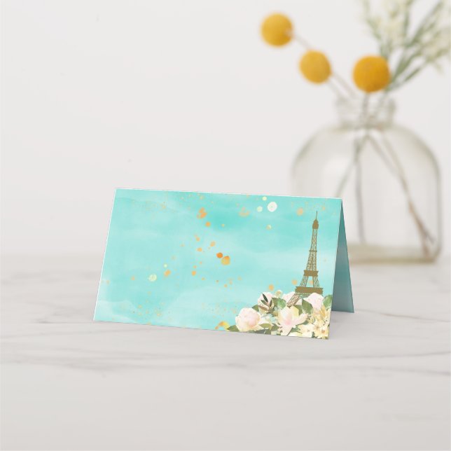Eiffel Tower Paris Birthday Minze Aqua Gold Platzkarte (Vorderseite)