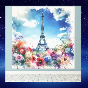 Eiffel Tower Paris Floral Watercolor Leinwanddruck