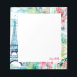 Eiffel Tower Paris France Floral Notizblock<br><div class="desc">Eine hübsche Aquarellbild des Pariser Eiffelturms schmückt dieses Notizblock. Personalisieren Sie es mit Ihrem Namen. Es koordiniert mit dem Eiffelturm-Rucksack und Schulmaterial. So modern für die Rückkehr zur Schule.</div>