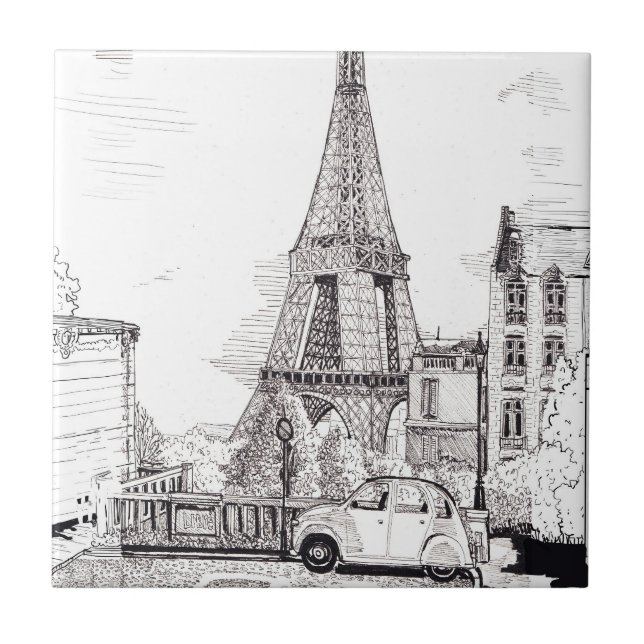 Eiffel Tower Paris Frankreich Pen Ink Illustration Fliese (Vorderseite)