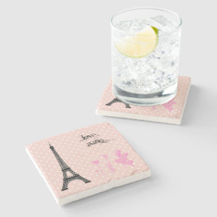 Eiffel Tower, Paris, Hearts, Polka Dots, Pink Steinuntersetzer