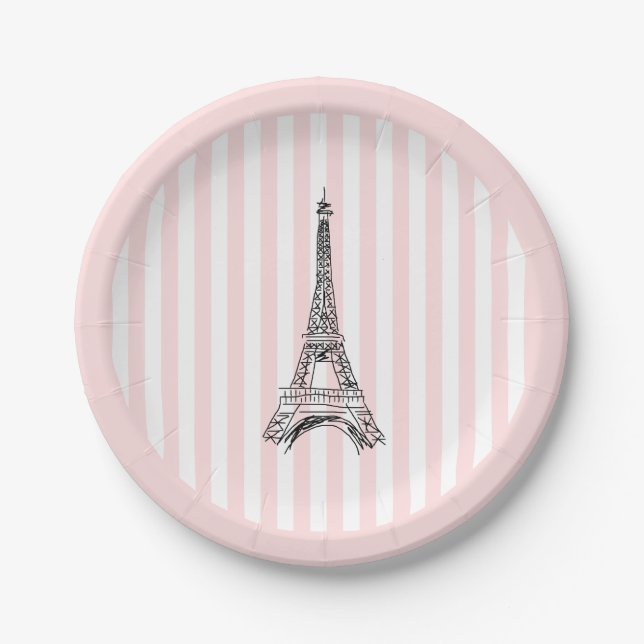 Eiffel Tower Paris Illustration Pink Stripe Pappteller (Vorderseite)