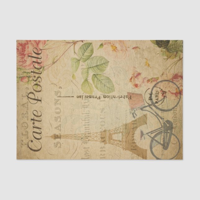 Eiffel Tower Pink Roses Französisch Ephemera Decou Seidenpapier (Vorderseite)