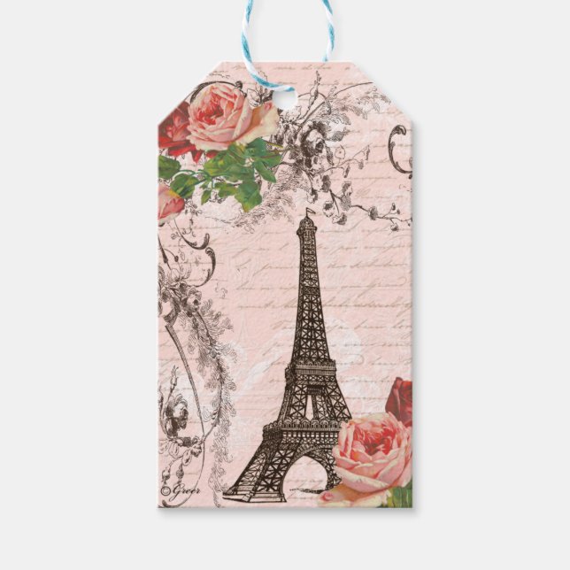 Eiffel Tower Pink Rote Rosen Französisches Script Geschenkanhänger (Vorderseite)