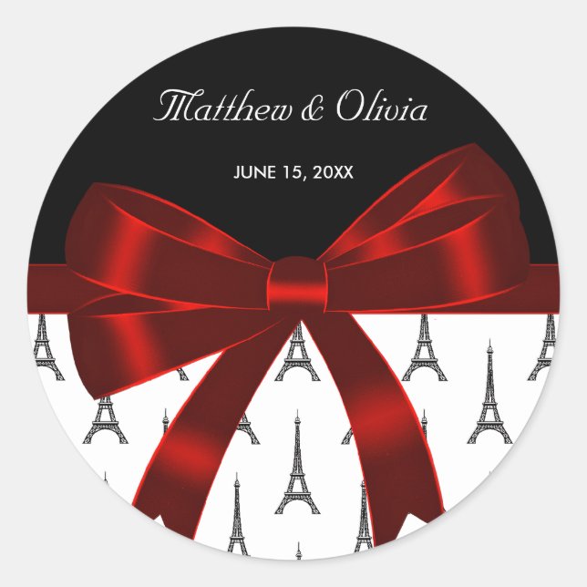 Eiffel Tower Red Bow Gastgeschenk Hochzeit Sticker (Vorderseite)