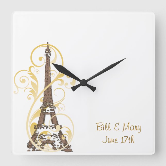 Eiffel Tower with Scrolls Quadratische Wanduhr (Vorderseite)