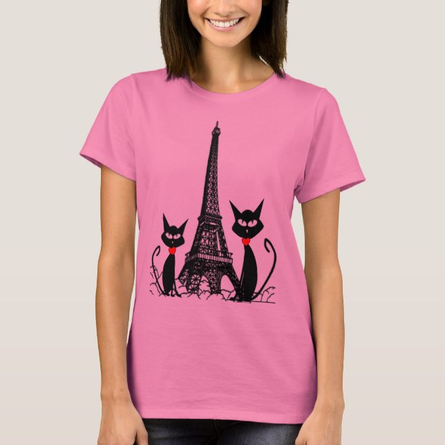 Eiffel-Turm und schwarze Katzen-T - Shirt (Vorderseite)