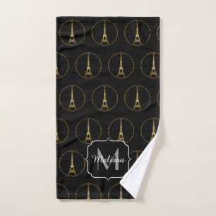 Eiffel-TurmgoldGlitter-Glitzern schwarzes Badhandtuch Set