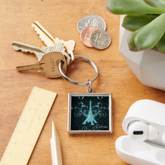 Eiffelturm Aquamarin florale Wirbel Schlüsselanhän Schlüsselanhänger (Schreibtisch)