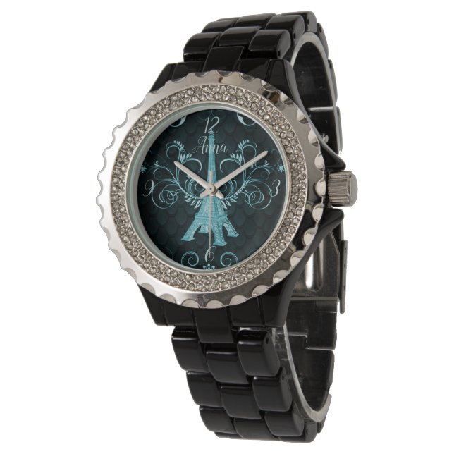 Eiffelturm Aquamarine Blumenzwerge Wirbel beobacht Armbanduhr (Schrägansicht)