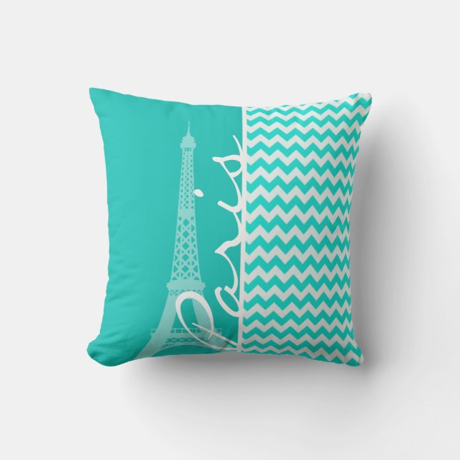 Eiffelturm auf Aqua Color Zickzack Kissen (Vorderseite)
