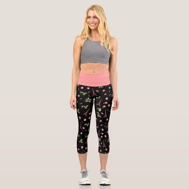 Eiffelturm Blumenrosa und Schwarz Capri Leggings (Vorderseite)