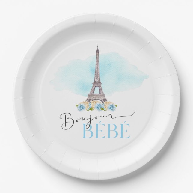Eiffelturm Bonjour Bébé Baby Showpapier Teller (Vorderseite)